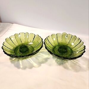 Vtg Indiana Glass Candle Holder Set x 2 Textured Green Sunflower 5" Spring Taper